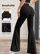 Black high waist flare pants with sweat-wicking fabric that sculpts hips and thighs for a flattering fit