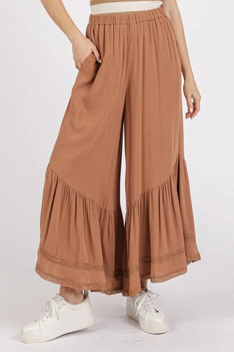 Mittoshop Lace Ruffle Asymmetric Hem Wide Leg Pants Caramel