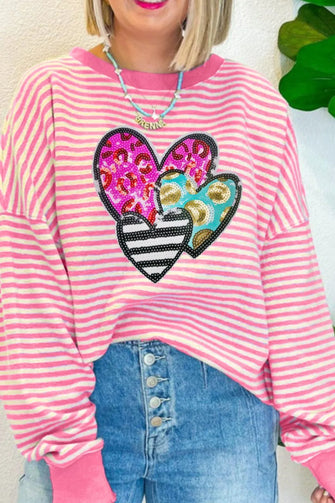 Striped Sequin Heart Round Neck Long Sleeve Sweatshirt Pink