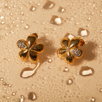 Inlaid Zircon Stainless Steel Flower Earrings Gold One Size