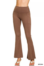 Brown high-waisted flare pants with side pockets made from brushed dty microfiber by Zenana
