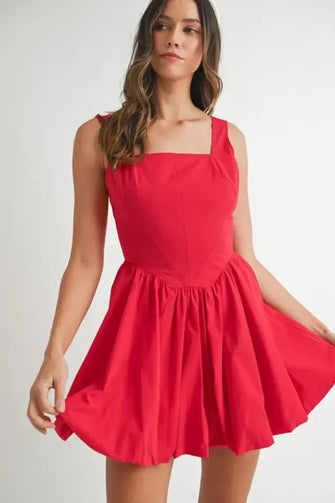 MABLE Poplin Square Neckline Bubble Mini Dress RED Casual Dresses
