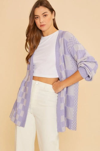 Annie Wear Checkered Open Front Drop Shoulder Cardigan Lavender