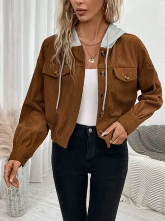 Button Up Drawstring Hooded Jacket Brown Woman Outerwear