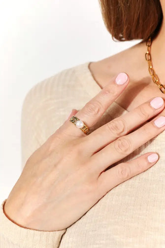 Adored Pearl Stainless Steel Open Ring Gold One Size Rings