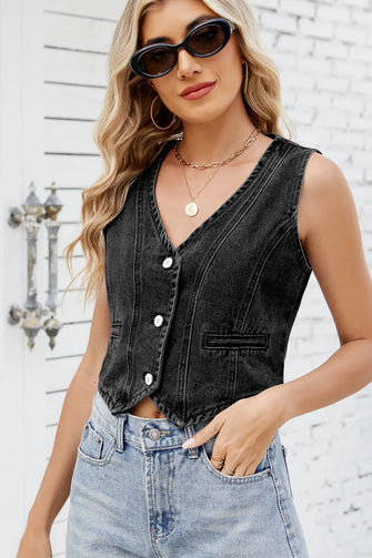 Button Down V-Neck Denim Vest Black