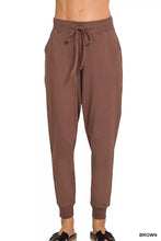 Brown zenana drawstring cotton joggers with ribbed cuffs pockets and a comfortable drawstring waistband