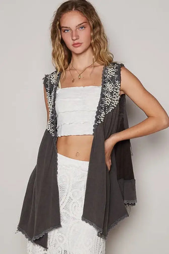 POL Embroidered Pearls Open Front Sleeveless Cardigan Charcoal Woman Outerwear