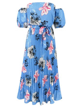 Pleated Floral Off-Shoulder Short Sleeve Midi Dress Woman Maxi Dress