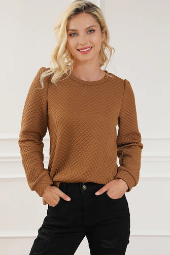 Texture Round Neck Long Sleeve Sweatshirt Caramel