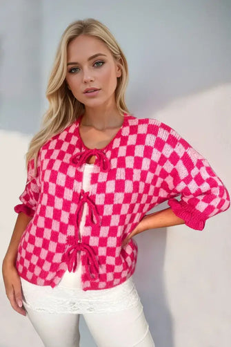 Double Take Tied Checkered Dropped Shoulder Flounce Sleeve Cardigan Hot Pink Woman Outerwear