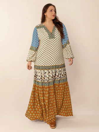 Plus Size Printed V-Neck Balloon Sleeve Maxi Dress Camel