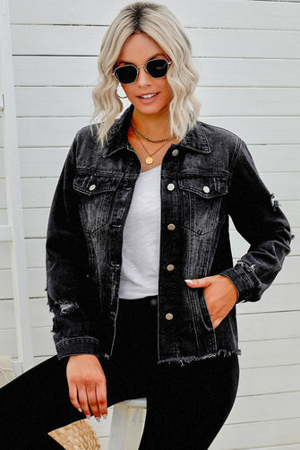 Distressed Raw Hem Denim Jacket Black