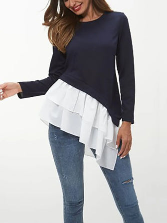 Ivy Lane Tiered Contrast Round Neck Long Sleeve T-Shirt Black
