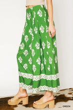 Umgee floral pleated wide-leg green pants with white lace trim elastic waistband machine wash tumble dry
