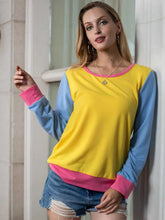Shiny Contrast Round Neck Long Sleeve Top Woman T Shirts