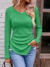 Textured Ruched V-Neck Long Sleeve T-Shirt Mid Green