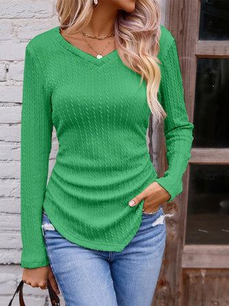 Textured Ruched V-Neck Long Sleeve T-Shirt Mid Green