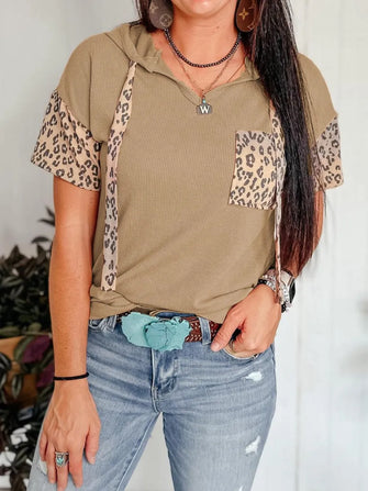 Leopard Drawstring Hooded Short Sleeve T-Shirt Camel