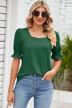 Smocked Square Neck Short Sleeve T-Shirt Dark Green