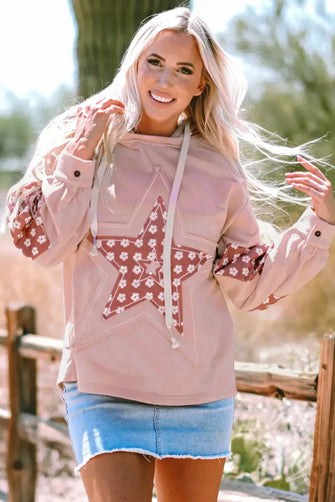 Drawstring Star Long Sleeve Hoodie Dusty Pink Woman Sweatshirts