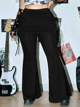 Plus size ribbed black flare pants with ruched waistband and side ties for comfortable stylish wear