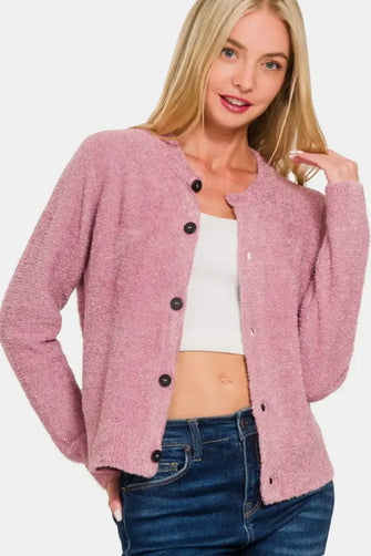Zenana Button Down Long Sleeve Sweater Cardigan Lt Rose Woman Outerwear