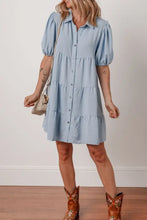 Button Up Puff Sleeve Tiered Shirt Dress Woman Casual Dress