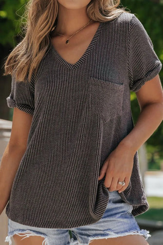 Textured V-Neck Short Sleeve T-Shirt Dark Gray
