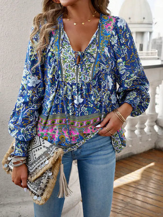 Devine Bohemian Tie Neck Lantern Sleeve Blouse Peacock Blue Woman Blouses