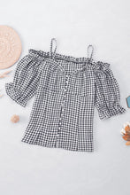 Plaid Buttoned Sweetheart Neck Cold-Shoulder Top Woman Blouses
