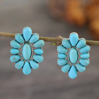 Flower Shape Artificial Turquoise Earrings Silver One Size
