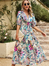 Printed Puff Sleeve Midi Dress Turquoise Casual Dresses