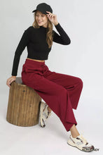 Burgundy umgee cable knit textured wide leg pants with drawstring waist and relaxed fit for casual wear