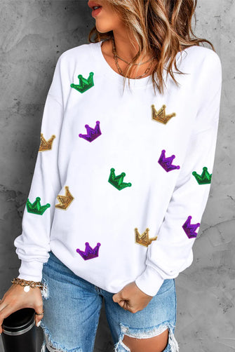 Crown Sequin Round Neck Sweatshirt White Woman Sweatshirts