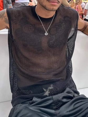 Men's Full Size Openwork Round Neck Tank Plus Size Black