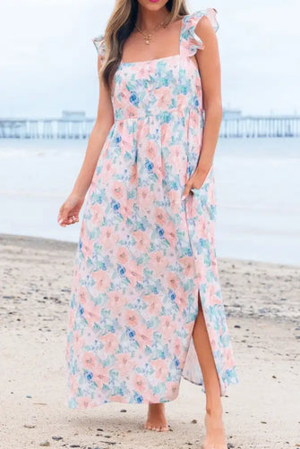 Floral Colorblock Flutter Straps Flowy Dress Blush Pink Casual Dresses