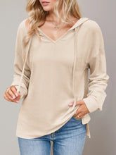 Double Take Drawstring Dropped Shoulder Long Sleeve Hoodie Tan Woman Sweatshirts