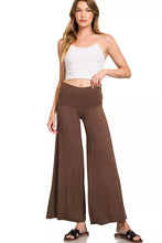 Brown wide-leg pants by zenana with a high-waisted elastic band and soft flowing fabric for waist comfy wear
