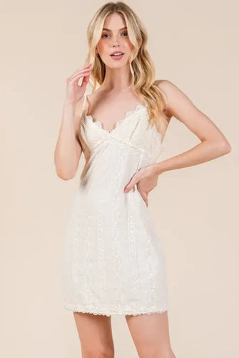 GeeGee Lace Detail Adjustable Strap Mini Cami Dress Ivory Casual Dresses
