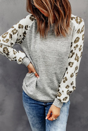 Round Neck Leopard Print Raglan Sleeve Top Charcoal