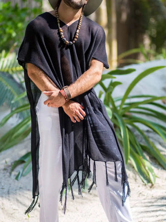 Men's Full Size Fringe V-Neck Half Sleeve Cover Up Plus Size Dark Navy