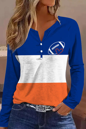 Football Graphic Notched Neck Top Peacock Blue Woman Blouses
