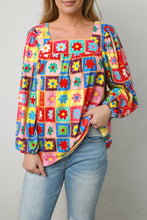 Printed Square Neck Balloon Sleeve Top Woman Blouses