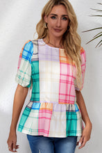 Round Neck Puff Sleeve Plaid Blouse Woman Blouses