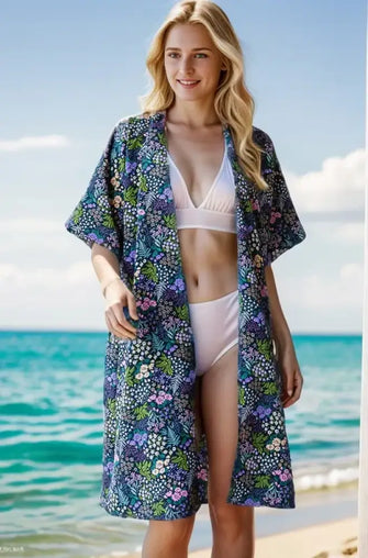 Heimish Full Size Half Sleeve Floral Open Cardigan Plus Size Navy Woman Outerwear