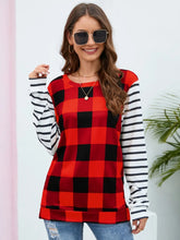 Plaid Striped Round Neck Long Sleeve T-Shirt Scarlet