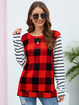 Plaid Striped Round Neck Long Sleeve T-Shirt Scarlet