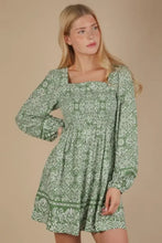 VERY J Printed Smocked Chest Boho Mini Dress Green Casual Dresses