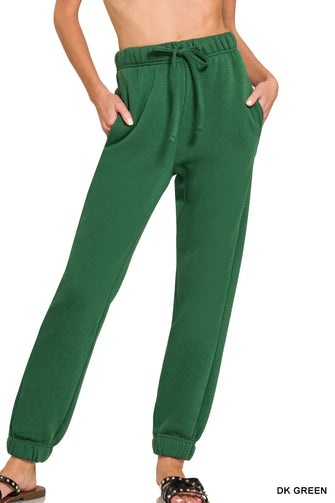 Zenana Fleece Jogger Sweatpants With Pockets DK GREEN